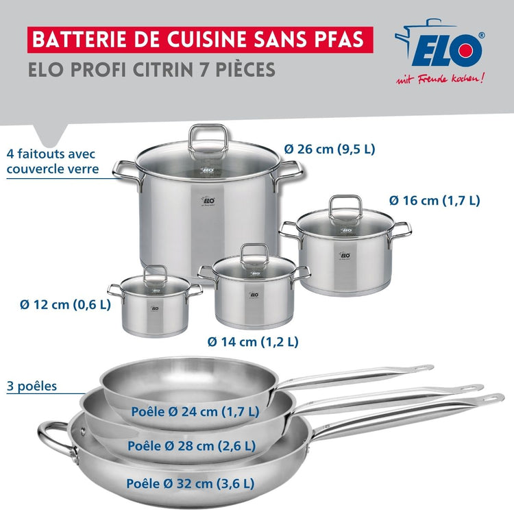 Ensemble de 3 Poêles de cuisson 24, 28 et 32 cm et 4 faitouts 12, 14, 16 et 26 cm Elo Profi Citrin