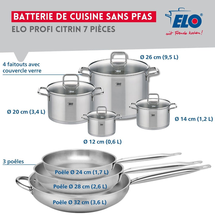 Ensemble de 3 Poêles de cuisson 24, 28 et 32 cm et 4 faitouts 12, 14, 20 et 26 cm Elo Profi Citrin