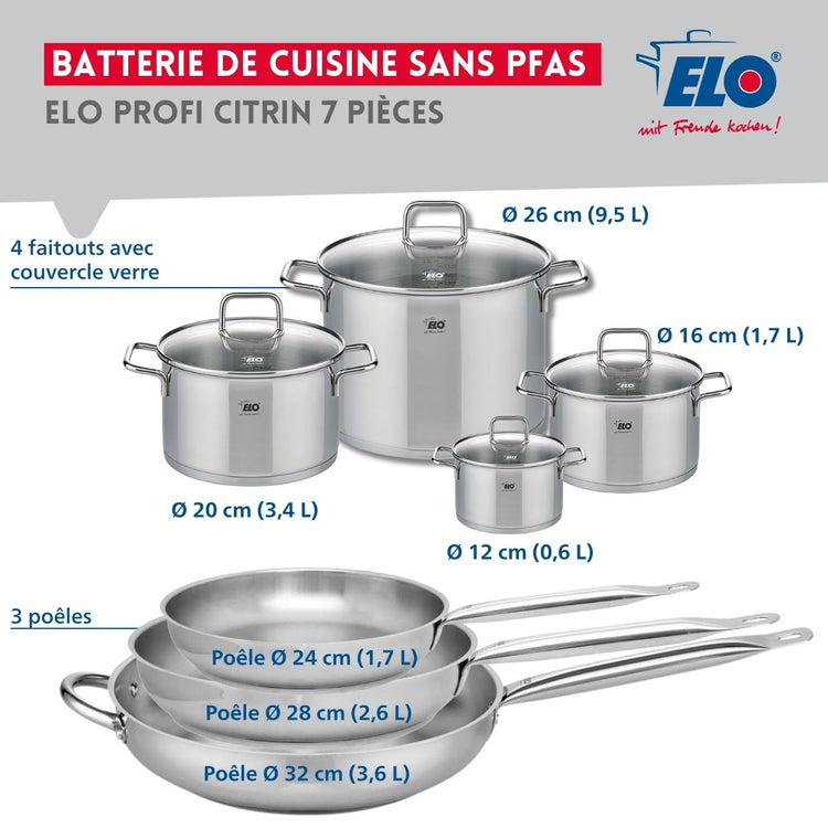 Ensemble de 3 Poêles de cuisson 24, 28 et 32 cm et 4 faitouts 12, 16, 20 et 26 cm Elo Profi Citrin