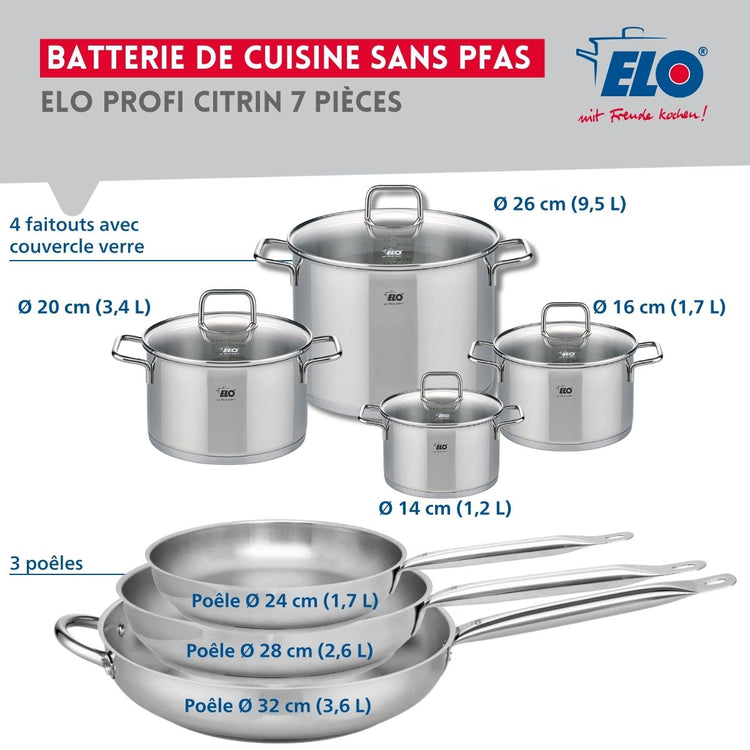 Ensemble de 3 Poêles de cuisson 24, 28 et 32 cm et 4 faitouts 14, 16, 20 et 26 cm Elo Profi Citrin