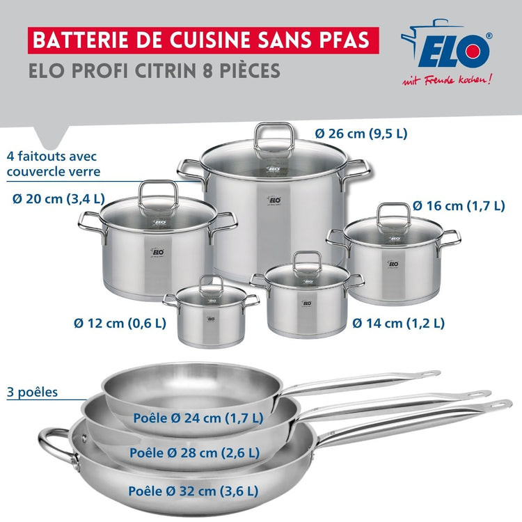 Ensemble de 3 Poêles de cuisson 24, 28 et 32 cm et 5 faitouts 12, 14, 16, 20 et 26 cm Elo Profi Citrin