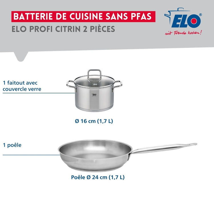 Ensemble de 1 Poêle de cuisson 24 cm et 1 faitout 16 cm Elo Profi Citrin