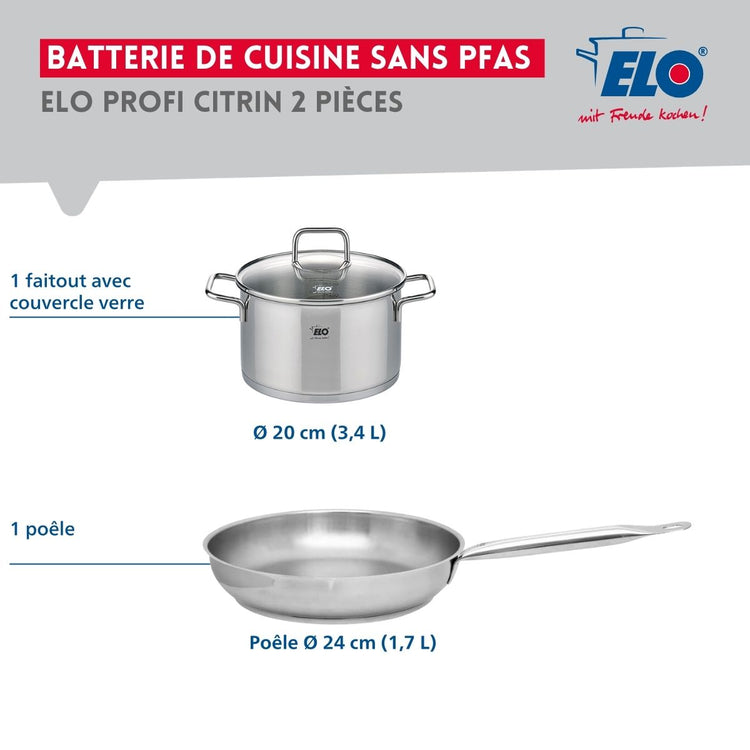 Ensemble de 1 Poêle de cuisson 24 cm et 1 faitout 20 cm Elo Profi Citrin