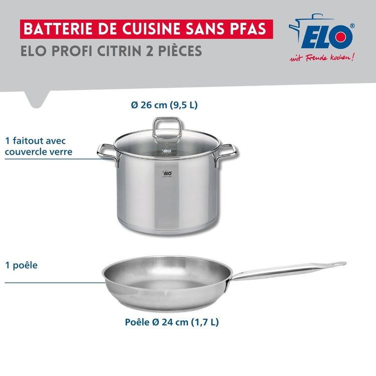 Ensemble de 1 Poêle de cuisson 24 cm et 1 faitout 26 cm Elo Profi Citrin