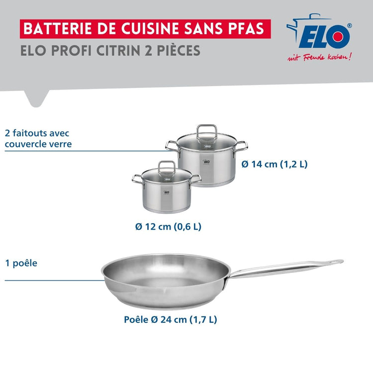 Ensemble de 1 Poêle de cuisson 24 cm et 2 faitouts 12 et 14 cm Elo Profi Citrin