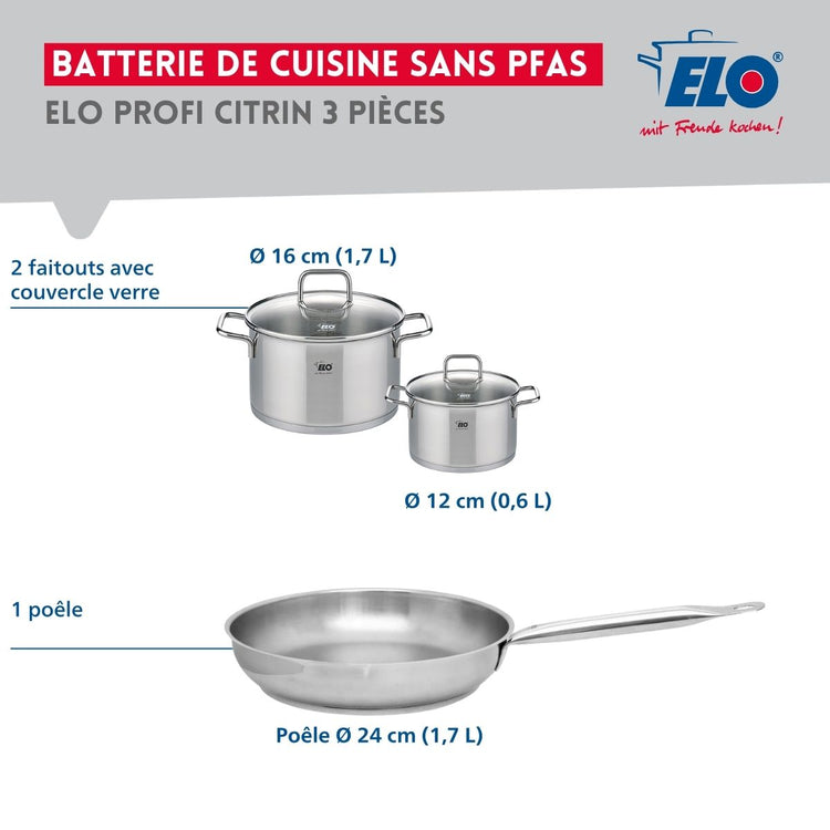 Ensemble de 1 Poêle de cuisson 24 cm et 2 faitouts 12 et 16 cm Elo Profi Citrin