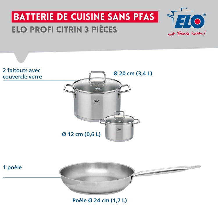 Ensemble de 1 Poêle de cuisson 24 cm et 2 faitouts 12 et 20 cm Elo Profi Citrin