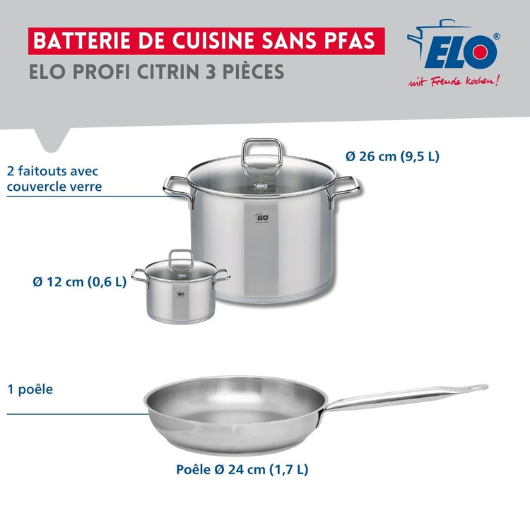 Ensemble de 1 Poêle de cuisson 24 cm et 2 faitouts 12 et 26 cm Elo Profi Citrin