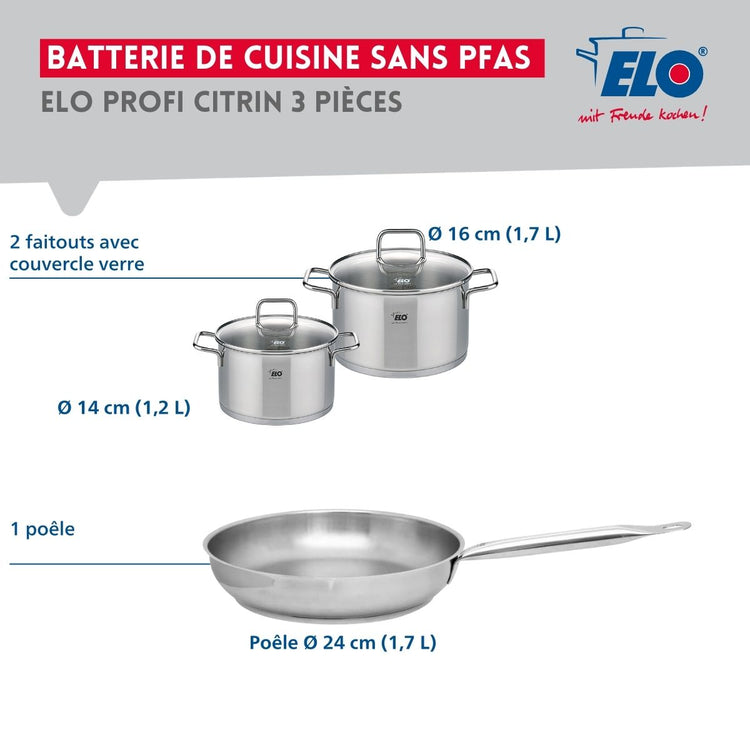 Ensemble de 1 Poêle de cuisson 24 cm et 2 faitouts 14 et 16 cm Elo Profi Citrin