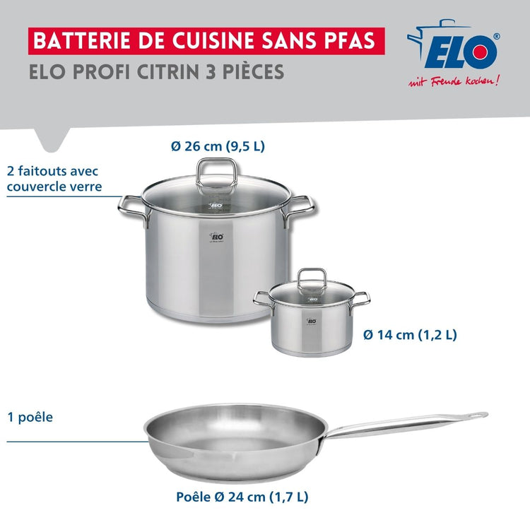 Ensemble de 1 Poêle de cuisson 24 cm et 2 faitouts 14 et 26 cm Elo Profi Citrin