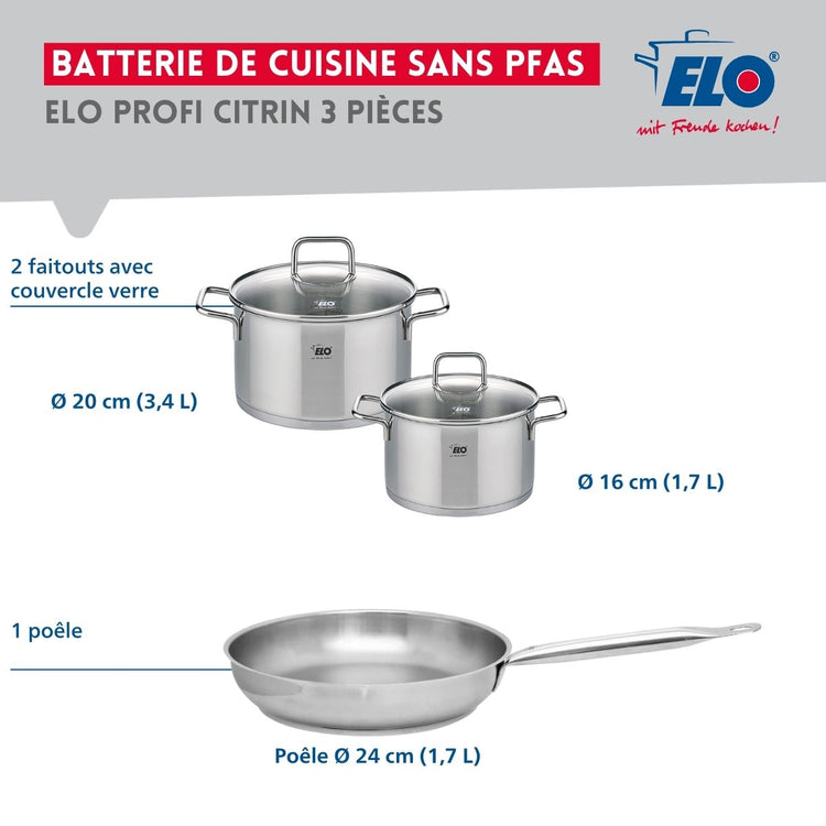 Ensemble de 1 Poêle de cuisson 24 cm et 2 faitouts 16 et 20 cm Elo Profi Citrin