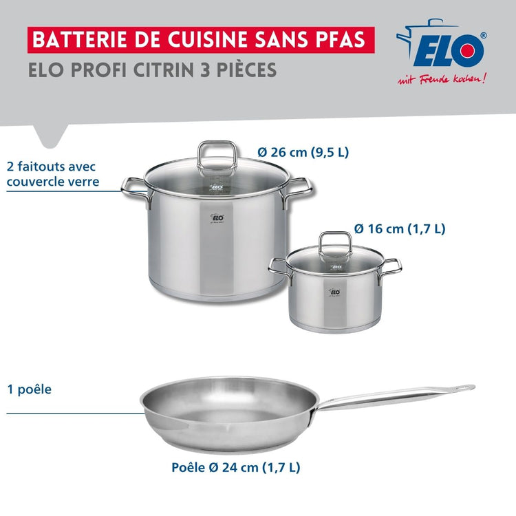 Ensemble de 1 Poêle de cuisson 24 cm et 2 faitouts 16 et 26 cm Elo Profi Citrin