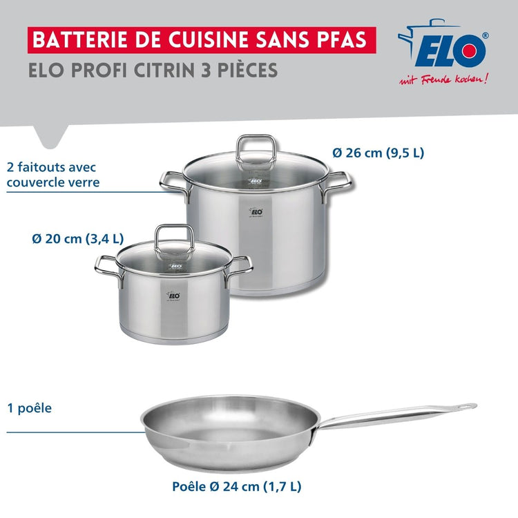 Ensemble de 1 Poêle de cuisson 24 cm et 2 faitouts 20 et 26 cm Elo Profi Citrin