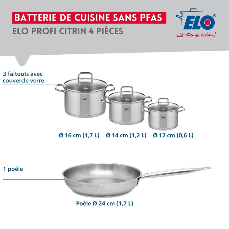 Ensemble de 1 Poêle de cuisson 24 cm et 3 faitouts 12, 14 et 16 cm Elo Profi Citrin