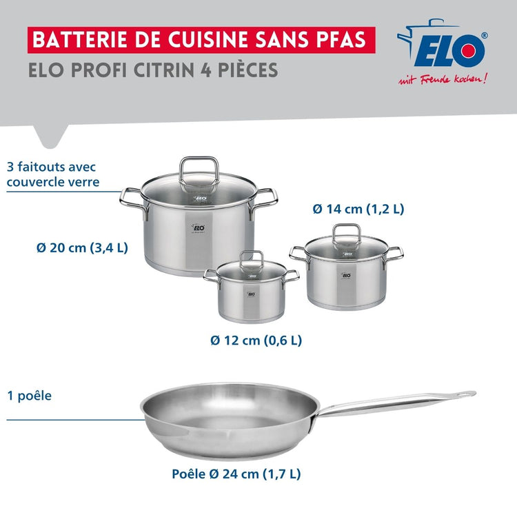 Ensemble de 1 Poêle de cuisson 24 cm et 3 faitouts 12, 14 et 20 cm Elo Profi Citrin