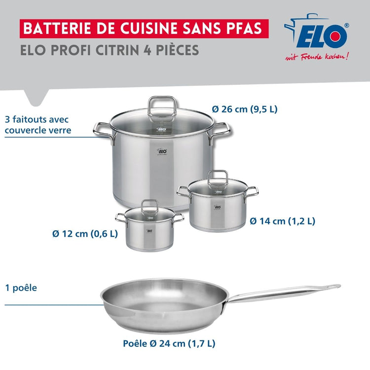 Ensemble de 1 Poêle de cuisson 24 cm et 3 faitouts 12, 14 et 26 cm Elo Profi Citrin