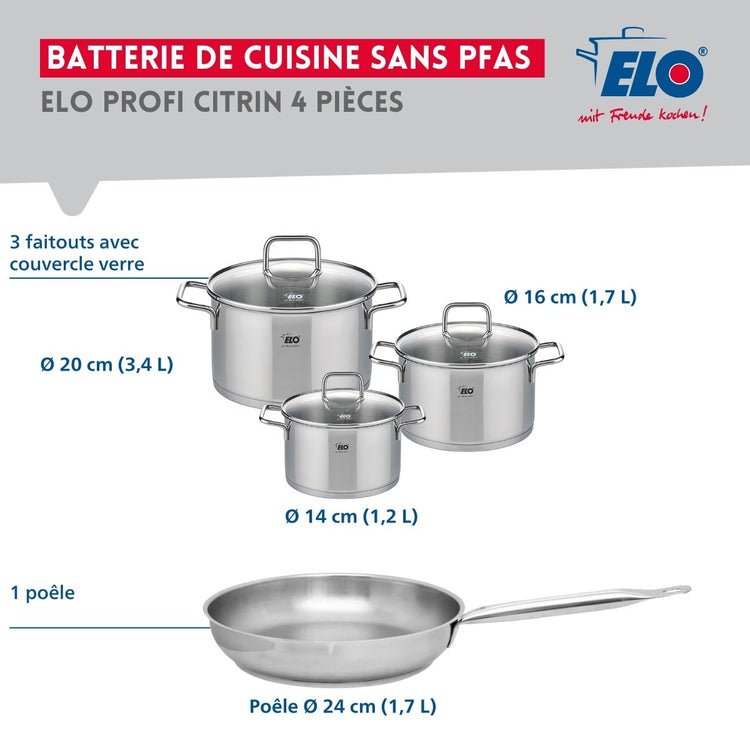 Ensemble de 1 Poêle de cuisson 24 cm et 3 faitouts 14, 16 et 20 cm Elo Profi Citrin