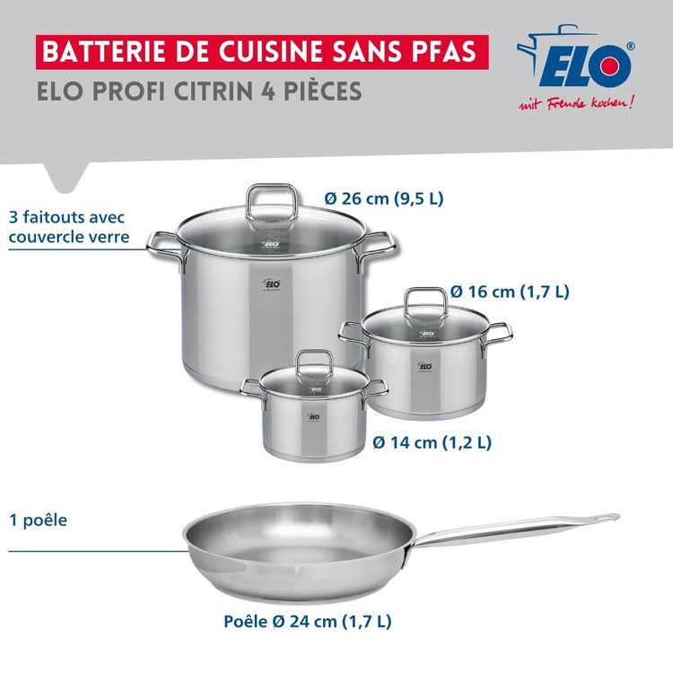 Ensemble de 1 Poêle de cuisson 24 cm et 3 faitouts 14, 16 et 26 cm Elo Profi Citrin