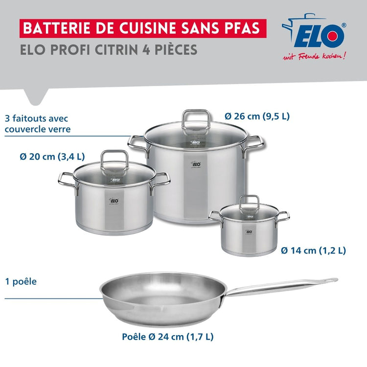 Ensemble de 1 Poêle de cuisson 24 cm et 3 faitouts 14, 20 et 26 cm Elo Profi Citrin