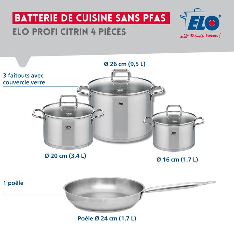 Ensemble de 1 Poêle de cuisson 24 cm et 3 faitouts 16, 20 et 26 cm Elo Profi Citrin