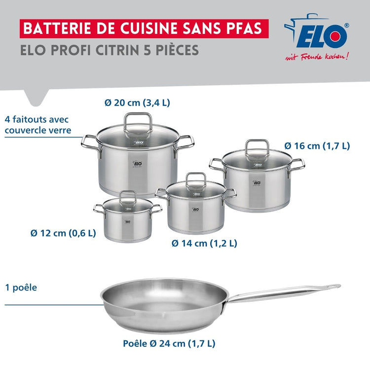 Ensemble de 1 Poêle de cuisson 24 cm et 4 faitouts 12, 14, 16 et 20 cm Elo Profi Citrin