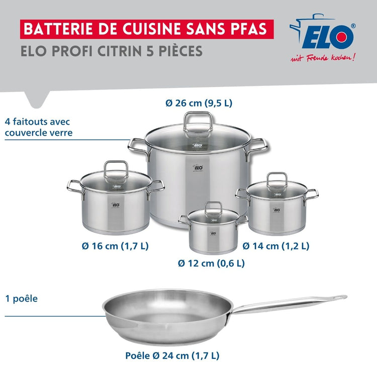 Ensemble de 1 Poêle de cuisson 24 cm et 4 faitouts 12, 14, 16 et 26 cm Elo Profi Citrin