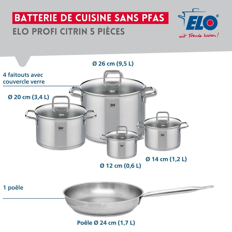 Ensemble de 1 Poêle de cuisson 24 cm et 4 faitouts 12, 14, 20 et 26 cm Elo Profi Citrin