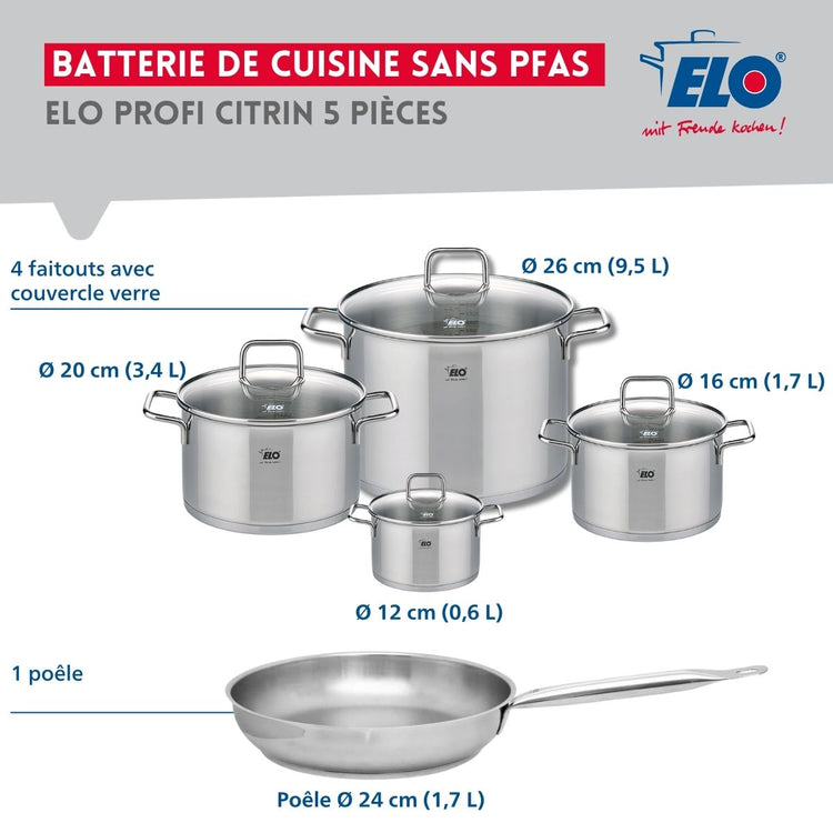 Ensemble de 1 Poêle de cuisson 24 cm et 4 faitouts 12, 16, 20 et 26 cm Elo Profi Citrin