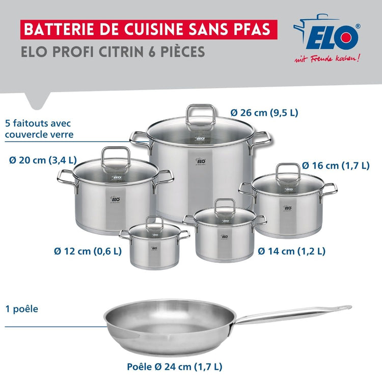 Ensemble de 1 Poêle de cuisson 24 cm et 5 faitouts 12, 14, 16, 20 et 26 cm Elo Profi Citrin