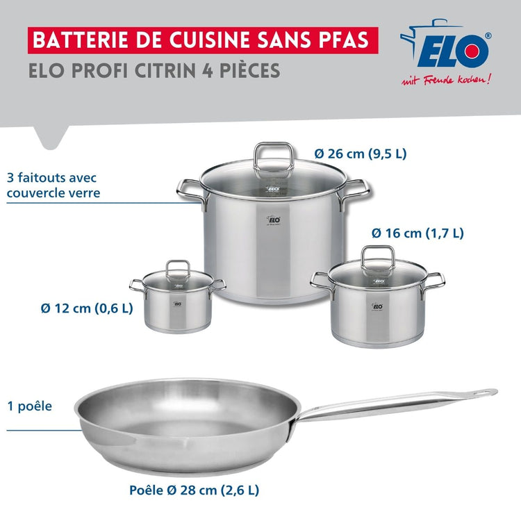 Ensemble de 1 Poêle de cuisson 28 cm et 3 faitouts 12, 16 et 26 cm Elo Profi Citrin