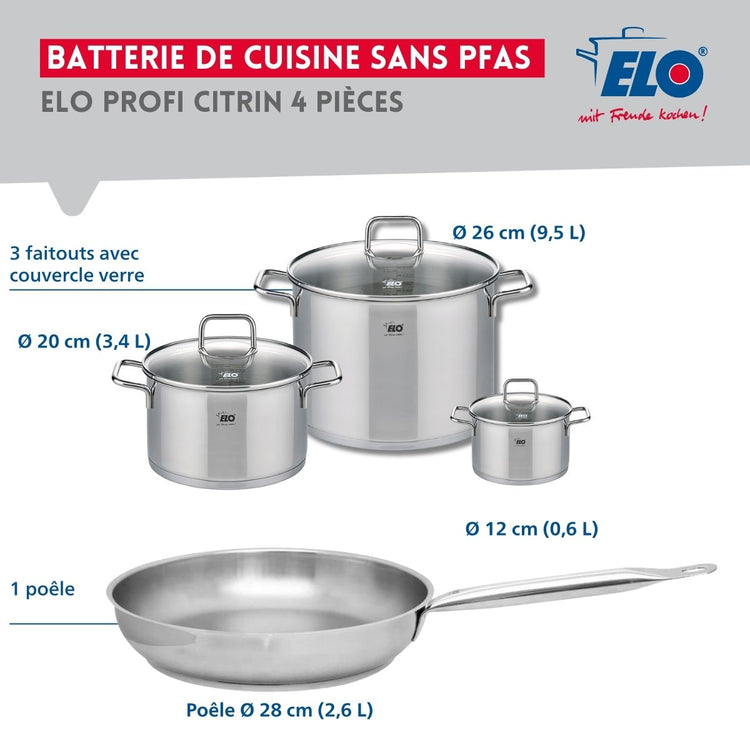 Ensemble de 1 Poêle de cuisson 28 cm et 3 faitouts 12, 20 et 26 cm Elo Profi Citrin