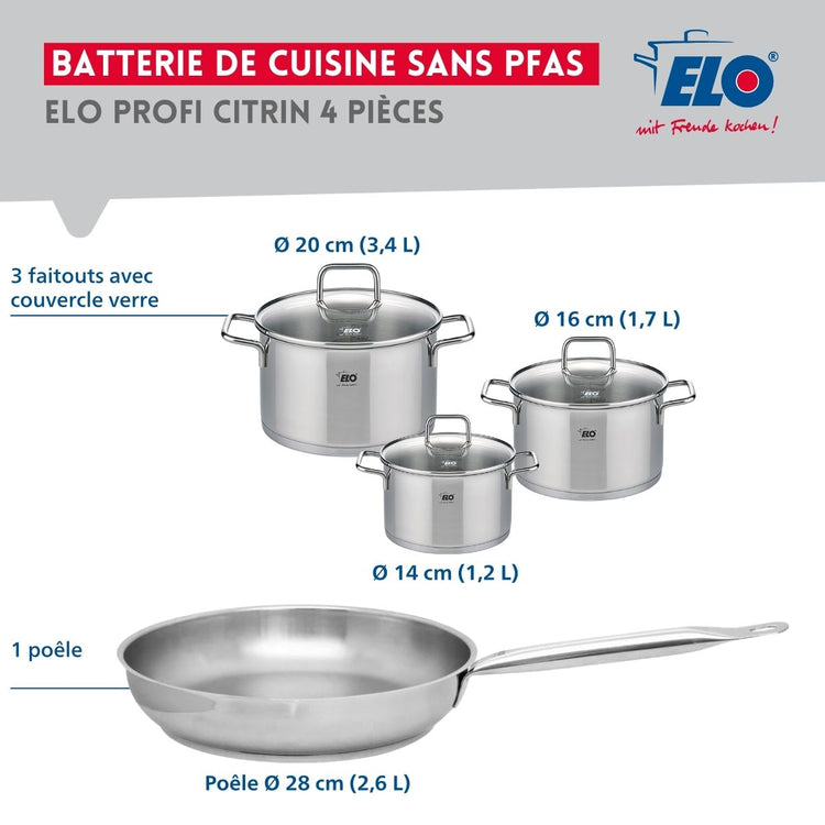 Ensemble de 1 Poêle de cuisson 28 cm et 3 faitouts 14, 16 et 20 cm Elo Profi Citrin