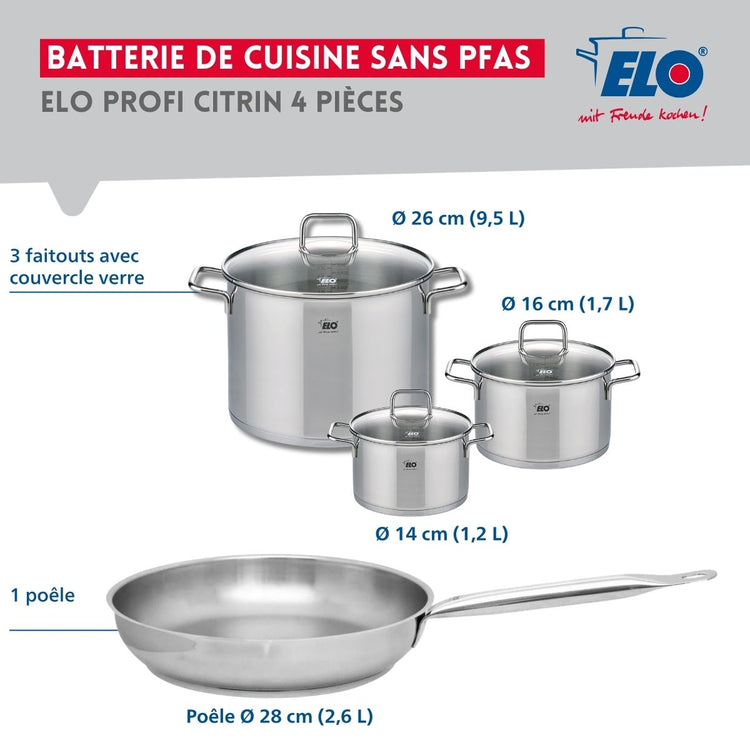 Ensemble de 1 Poêle de cuisson 28 cm et 3 faitouts 14, 16 et 26 cm Elo Profi Citrin