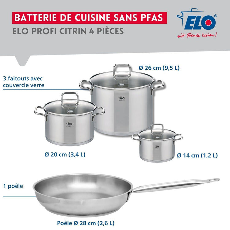 Ensemble de 1 Poêle de cuisson 28 cm et 3 faitouts 14, 20 et 26 cm Elo Profi Citrin