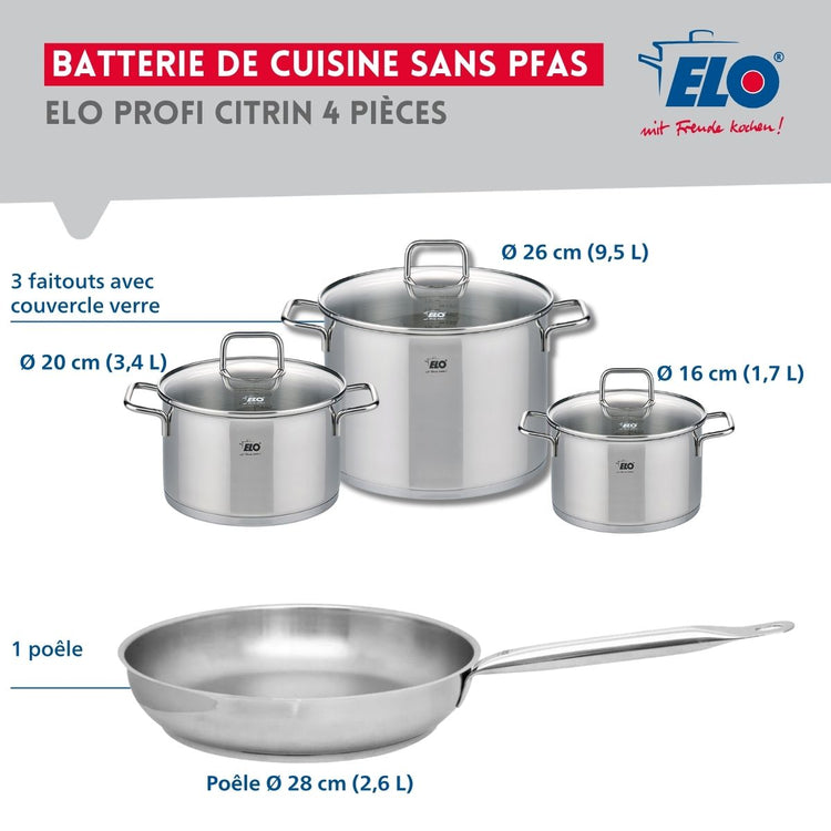 Ensemble de 1 Poêle de cuisson 28 cm et 3 faitouts 16, 20 et 26 cm Elo Profi Citrin