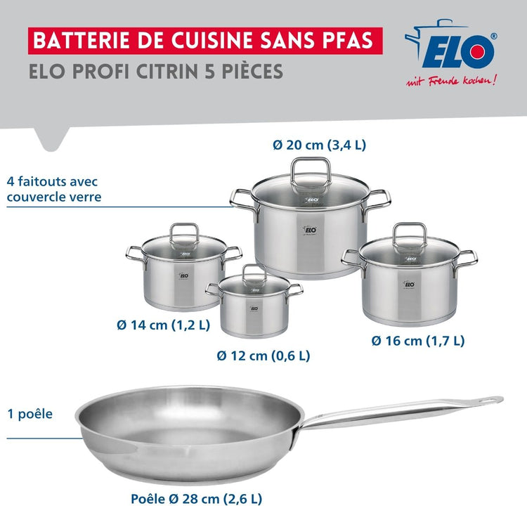 Ensemble de 1 Poêle de cuisson 28 cm et 4 faitouts 12, 14, 16 et 20 cm Elo Profi Citrin