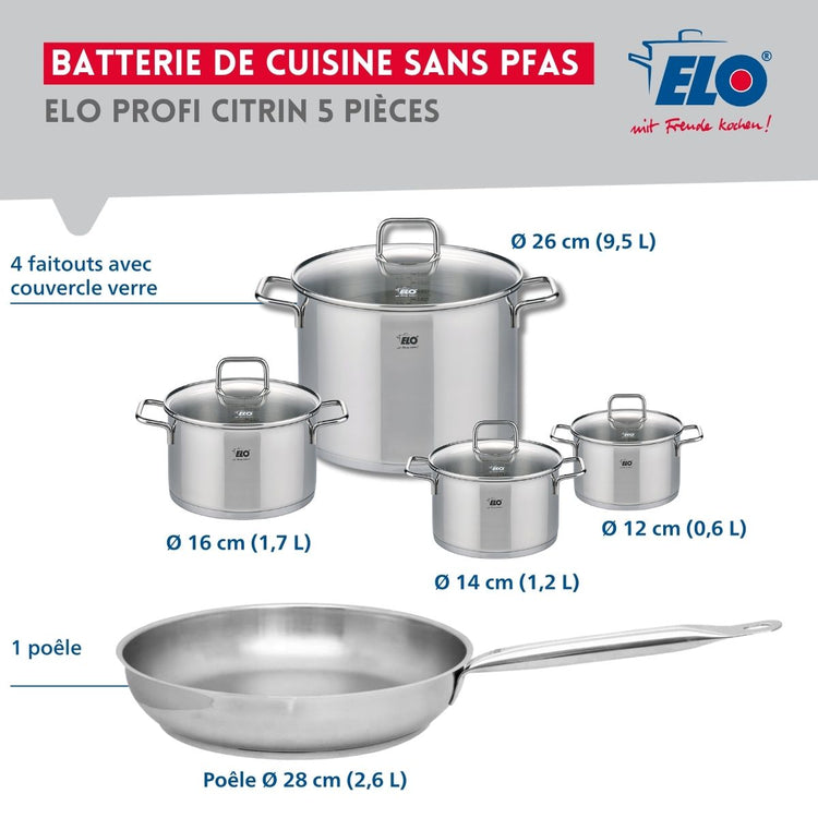 Ensemble de 1 Poêle de cuisson 28 cm et 4 faitouts 12, 14, 16 et 26 cm Elo Profi Citrin