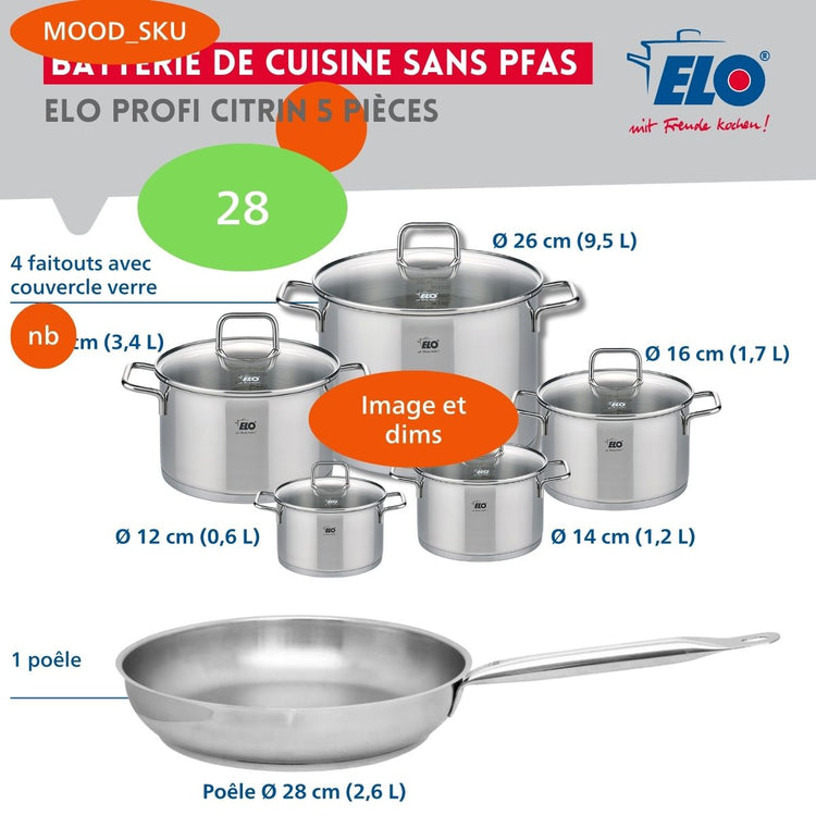 Ensemble de 1 Poêle de cuisson 28 cm et 4 faitouts 12, 14, 20 et 26 cm Elo Profi Citrin