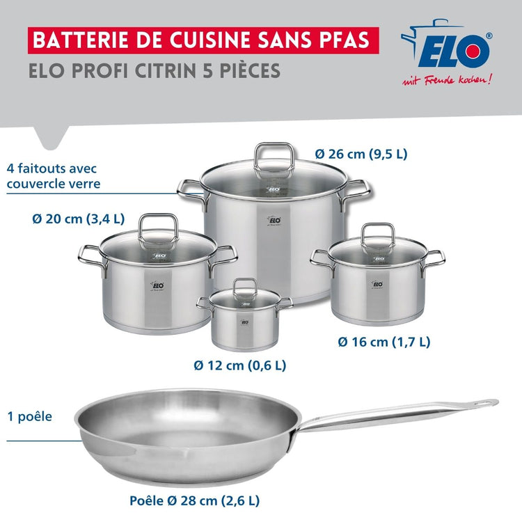 Ensemble de 1 Poêle de cuisson 28 cm et 4 faitouts 12, 16, 20 et 26 cm Elo Profi Citrin