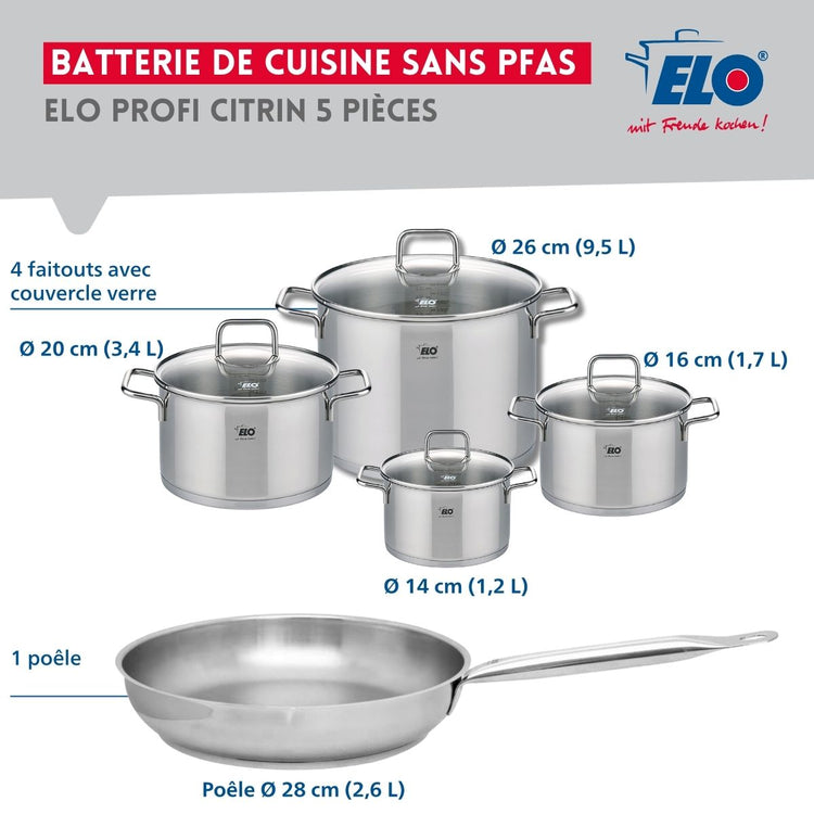 Ensemble de 1 Poêle de cuisson 28 cm et 4 faitouts 14, 16, 20 et 26 cm Elo Profi Citrin