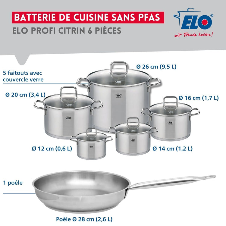 Ensemble de 1 Poêle de cuisson 28 cm et 5 faitouts 12, 14, 16, 20 et 26 cm Elo Profi Citrin