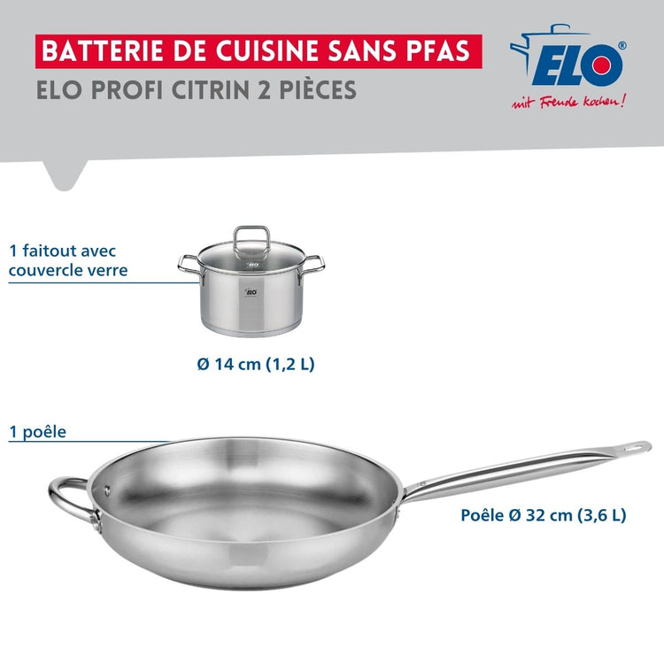 Ensemble de 1 Poêle de cuisson 32 cm et 1 faitout 14 cm Elo Profi Citrin