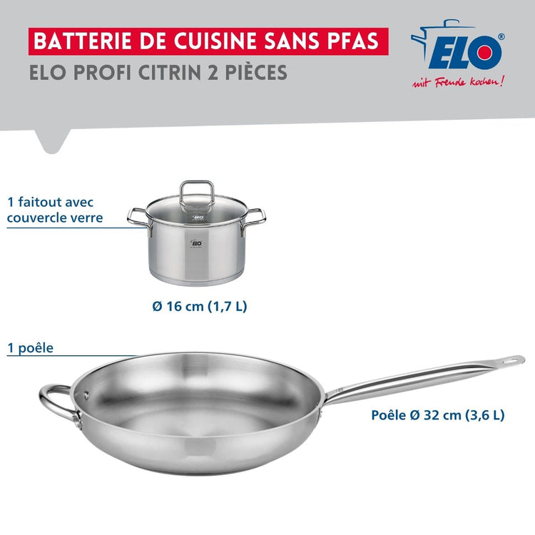 Ensemble de 1 Poêle de cuisson 32 cm et 1 faitout 16 cm Elo Profi Citrin