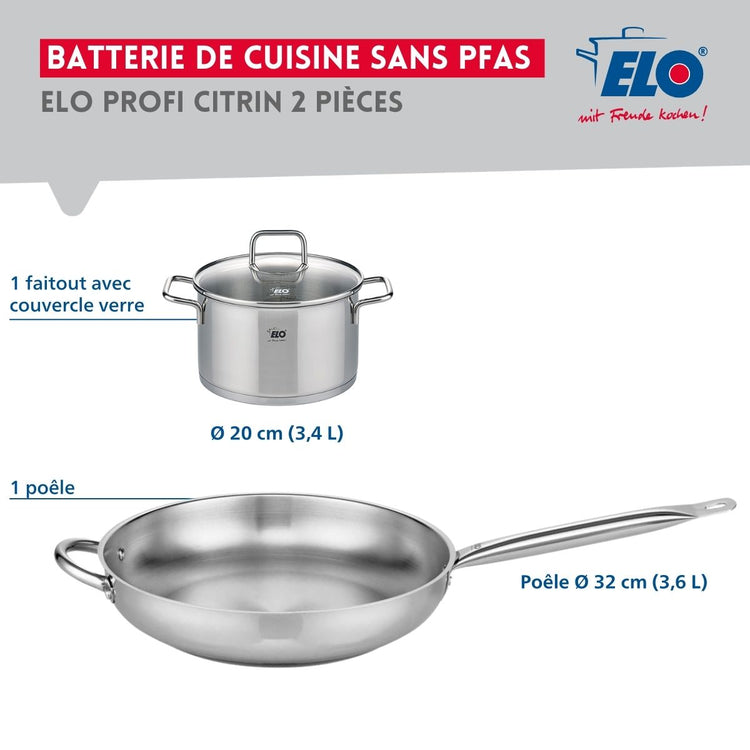 Ensemble de 1 Poêle de cuisson 32 cm et 1 faitout 20 cm Elo Profi Citrin