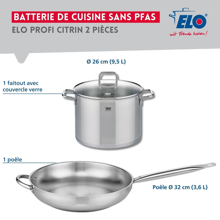 Ensemble de 1 Poêle de cuisson 32 cm et 1 faitout 26 cm Elo Profi Citrin