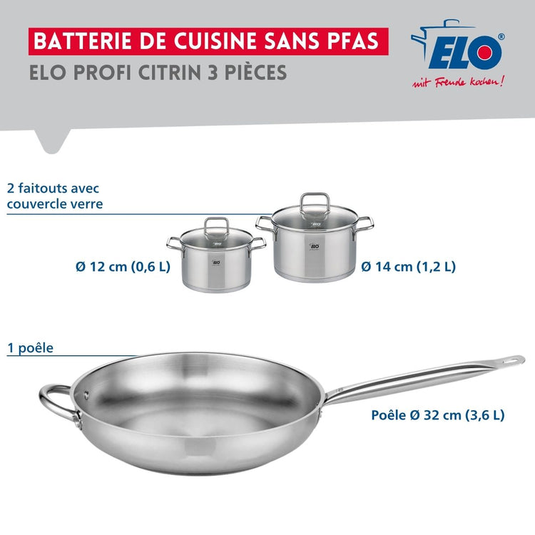 Ensemble de 1 Poêle de cuisson 32 cm et 2 faitouts 12 et 14 cm Elo Profi Citrin