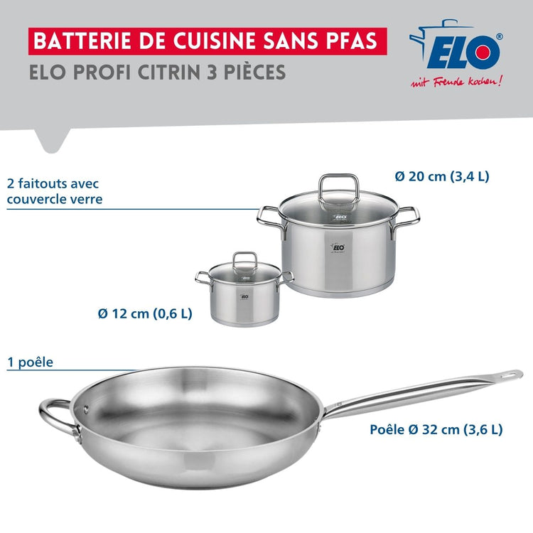 Ensemble de 1 Poêle de cuisson 32 cm et 2 faitouts 12 et 20 cm Elo Profi Citrin