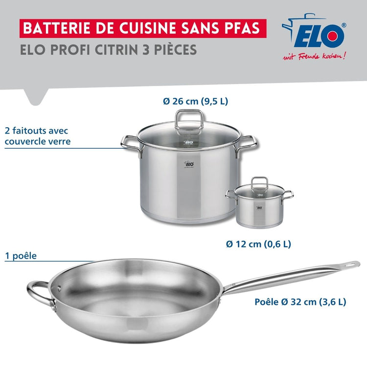 Ensemble de 1 Poêle de cuisson 32 cm et 2 faitouts 12 et 26 cm Elo Profi Citrin