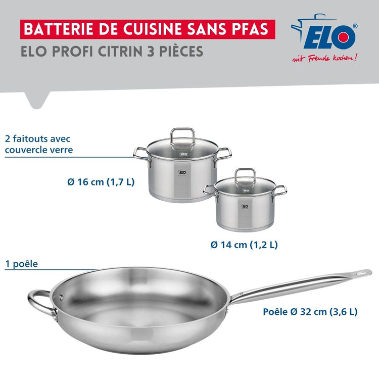 Ensemble de 1 Poêle de cuisson 32 cm et 2 faitouts 14 et 16 cm Elo Profi Citrin