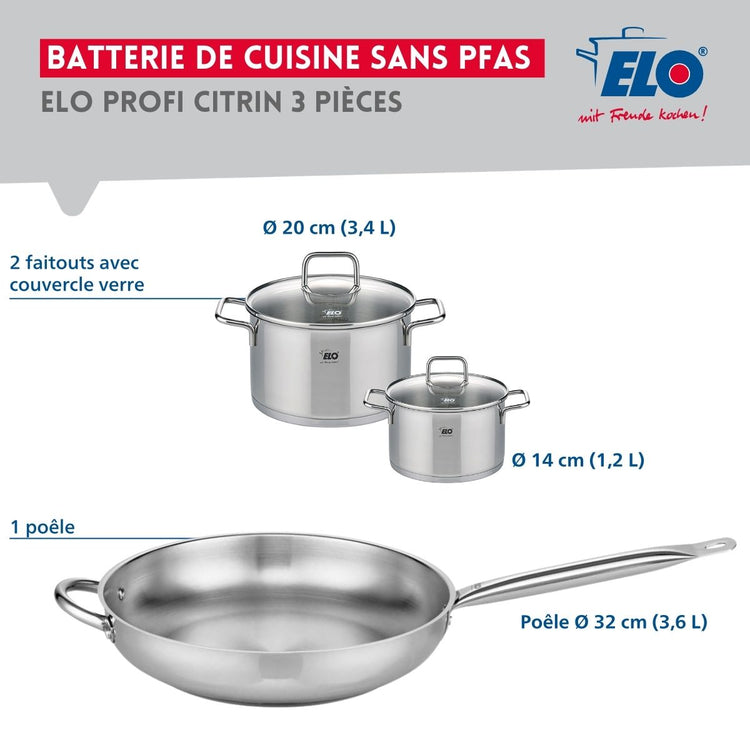 Ensemble de 1 Poêle de cuisson 32 cm et 2 faitouts 14 et 20 cm Elo Profi Citrin